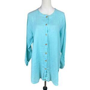FLAX Aqua Turquoise 100% Linen Lightweight Long Sleeve Button Front Tunic Top